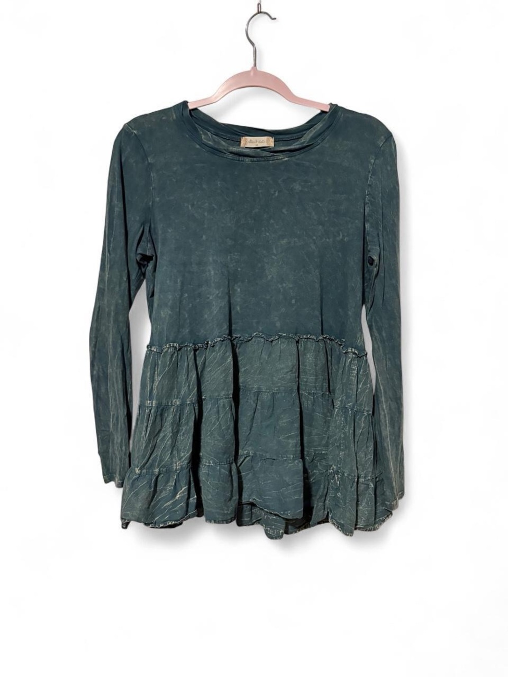 Altar'd State teal mineral washed long sleeve tunic top‎ with ruffled hem